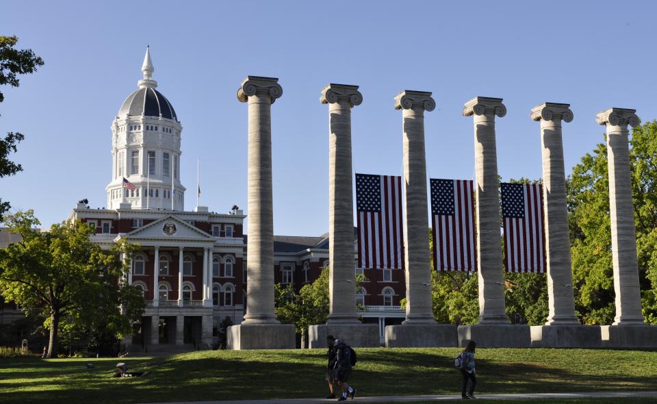 Jesse Hall and Columns with US Flags