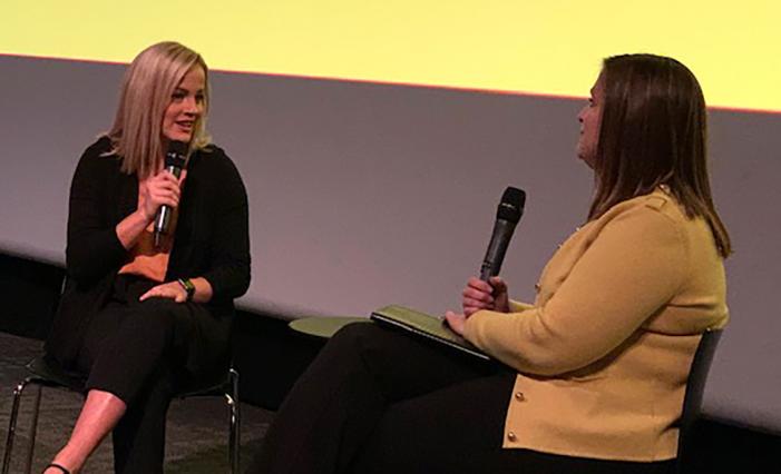 Image: Sevanna Rowland and Mary Beth Marrs having a sit-down conversation on stage.